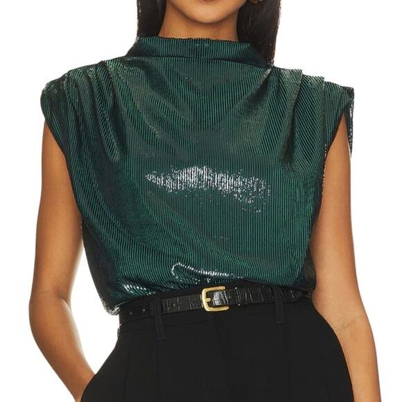 AMANDA UPRICHARD SHIMMER DEEP GREEN SILK TOP WITH BLACK SILK BACK TIE - Picture 1 of 11